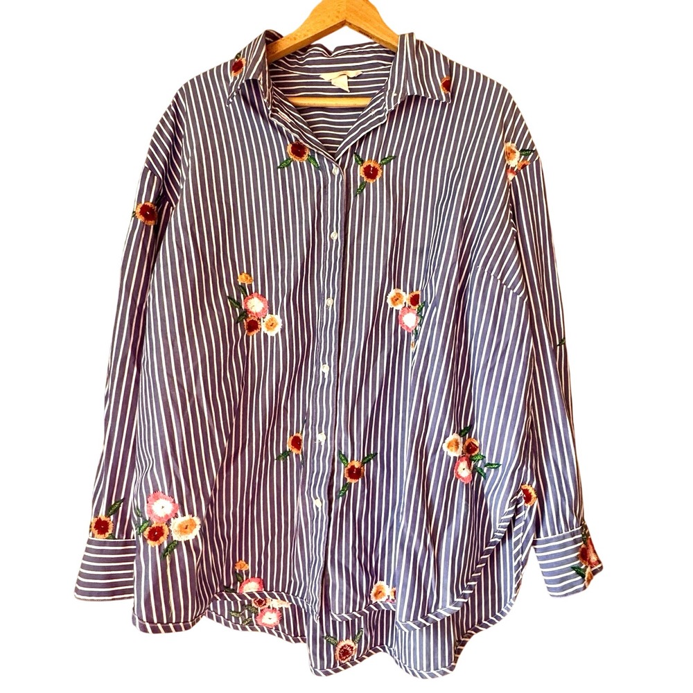 H&M Button-Down Striped Embroidered Flowers 14 Preppy Boho Coastal Swim Coverup